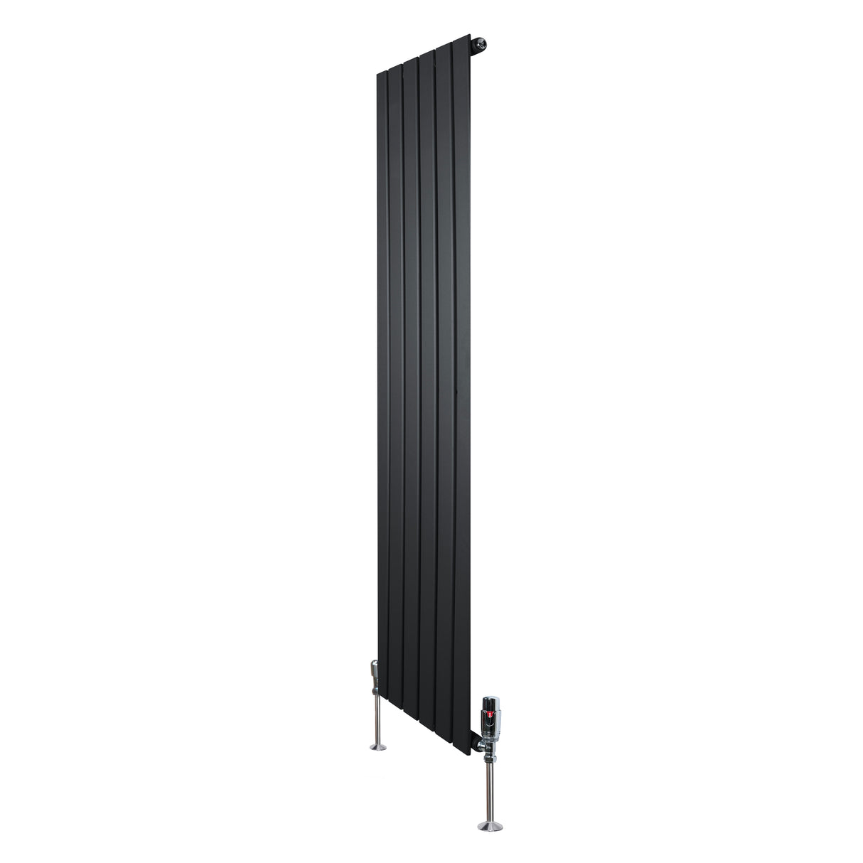 Zwarte designradiator met vlakke panelen, 1 kolom, 1600 x 420 mm, inclusief haakse thermostaatkraan voor moderne interieurs