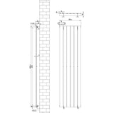 Zwarte design radiator met vlakke panelen, 1 kolom, afmetingen 1600 x 420mm, inclusief haakse thermostaatkraan en technische tekening