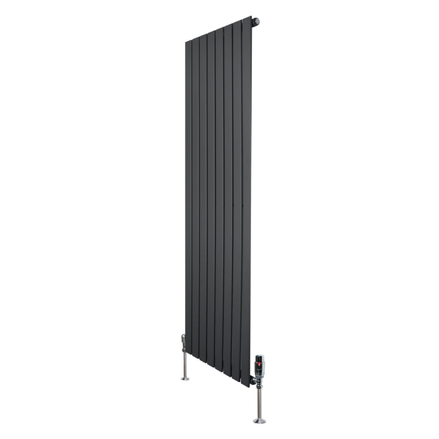 Design radiator met vlakke panelen in antraciet grijs, 1 kolom, 1600 x 560mm, inclusief haakse thermostaatkraan en moderne uitstraling