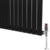 Zwarte design radiator met vlakke panelen, 1 kolom, 1600 x 560mm, inclusief haakse thermostaatkraan voor moderne interieurs