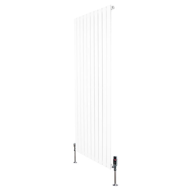 Witte design radiator met vlakke panelen, 1 kolom, 1600 x 700 mm, inclusief haakse thermostaatkraan en moderne afwerking