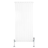 Witte design radiator met vlakke panelen, 1 kolom, 1600 x 700mm, inclusief haakse thermostaatkraan en glanzende voetstukken