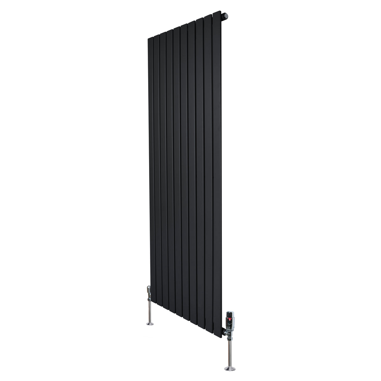 Zwarte designradiator met vlakke panelen, 1 kolom, 1600 x 700mm, inclusief haakse thermostaatkraan en moderne afwerking