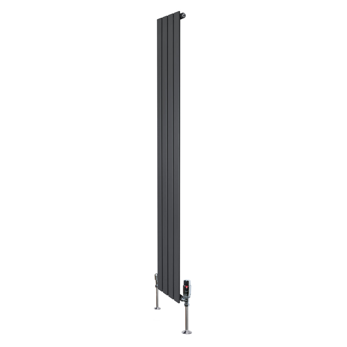 Vlakke panelen design radiator in antraciet grijs, 1800 x 280mm, met haakse thermostaatkraan en moderne, strakke uitstraling