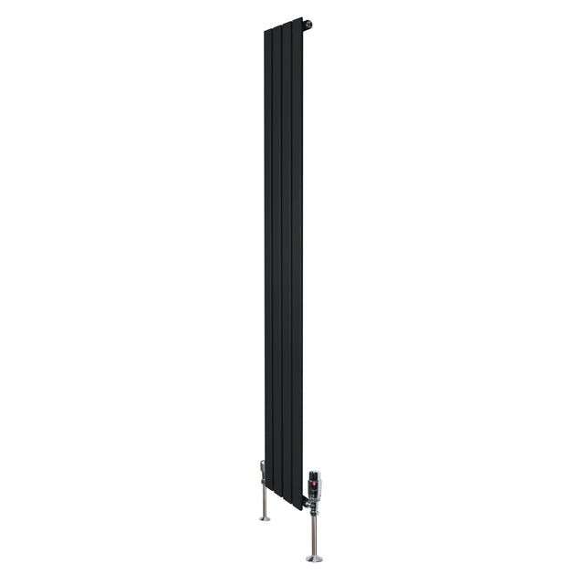 Zwart designradiator met vlakke panelen, 1 kolom, 1800 x 280mm, inclusief haakse thermostaatkraan voor moderne interieurs