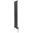 Vlakke designradiator in antraciet grijs, 1 kolom, 1800 x 420mm, met haakse thermostaatkraan en strakke verticale panelen