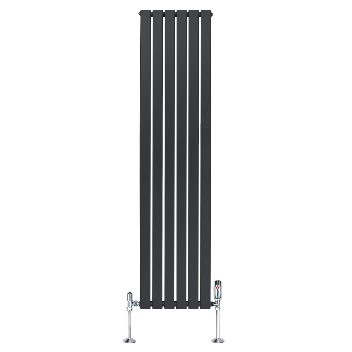 Vlakke panelen design radiator in antraciet grijs, 1800 x 420mm, met haakse thermostaatkraan en moderne, strakke lijnen