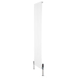 Strakke, witte designradiator met vlakke panelen, 1 kolom, 1800 x 420mm, inclusief haakse thermostaatkraan en metalen voetstukken