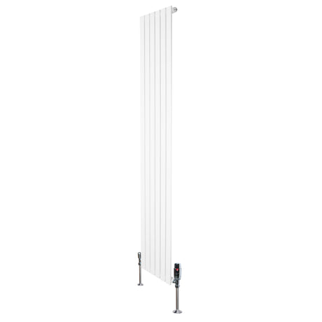 Strakke, witte designradiator met vlakke panelen, 1 kolom, 1800 x 420mm, inclusief haakse thermostaatkraan en metalen voetstukken