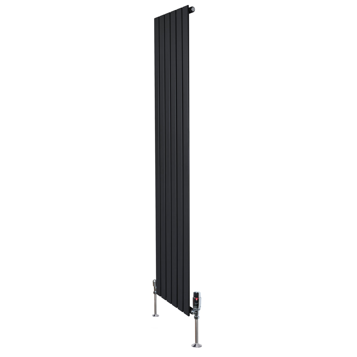 Zwarte designradiator met vlakke panelen, 1 kolom, 1800 x 420mm, inclusief haakse thermostaatkraan en moderne afwerking