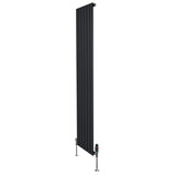 Zwarte designradiator met vlakke panelen, 1 kolom, 1800 x 420mm, inclusief haakse thermostaatkraan en moderne afwerking