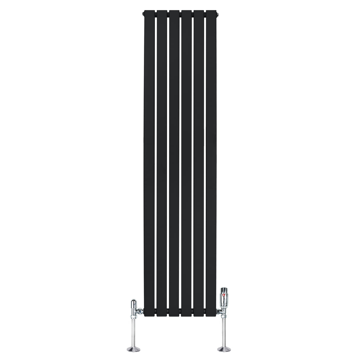 Zwarte design radiator met vlakke panelen, 1 kolom, 1800 x 420mm, inclusief haakse thermostaatkraan en moderne afwerking