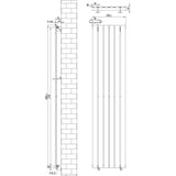 Zwarte designradiator met vlakke panelen, 1 kolom, afmetingen 1800 x 420mm, inclusief haakse thermostaatkraan en technische specificaties