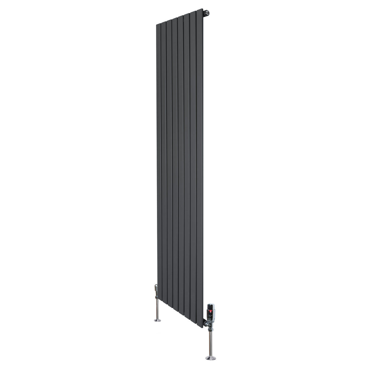 Vlakke panelen design radiator in antraciet grijs, 1800 x 560mm, met haakse thermostaatkraan en moderne, strakke lijnen