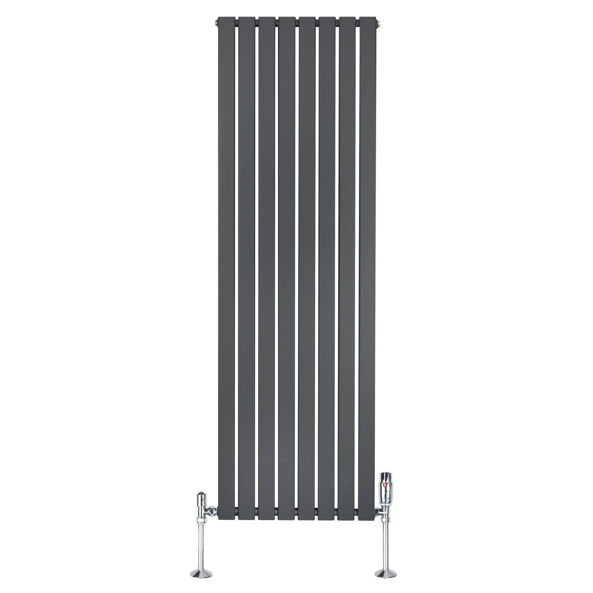 Strakke antraciet grijze designradiator met vlakke panelen, 1 kolom, 1800 x 560mm, inclusief haakse thermostaatkraan