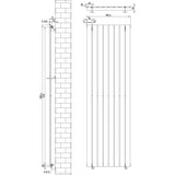 Design radiator met vlakke panelen in antraciet grijs, 1800 x 560mm, inclusief haakse thermostaatkraan en technische afmetingen