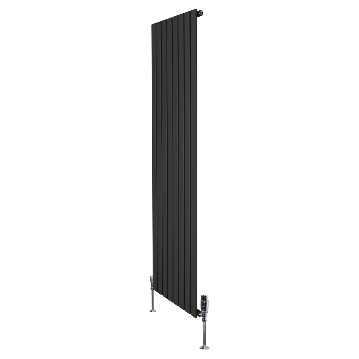 Zwarte design radiator met vlakke panelen, 1 kolom, 1800 x 560mm, inclusief haakse thermostaatkraan en moderne uitstraling