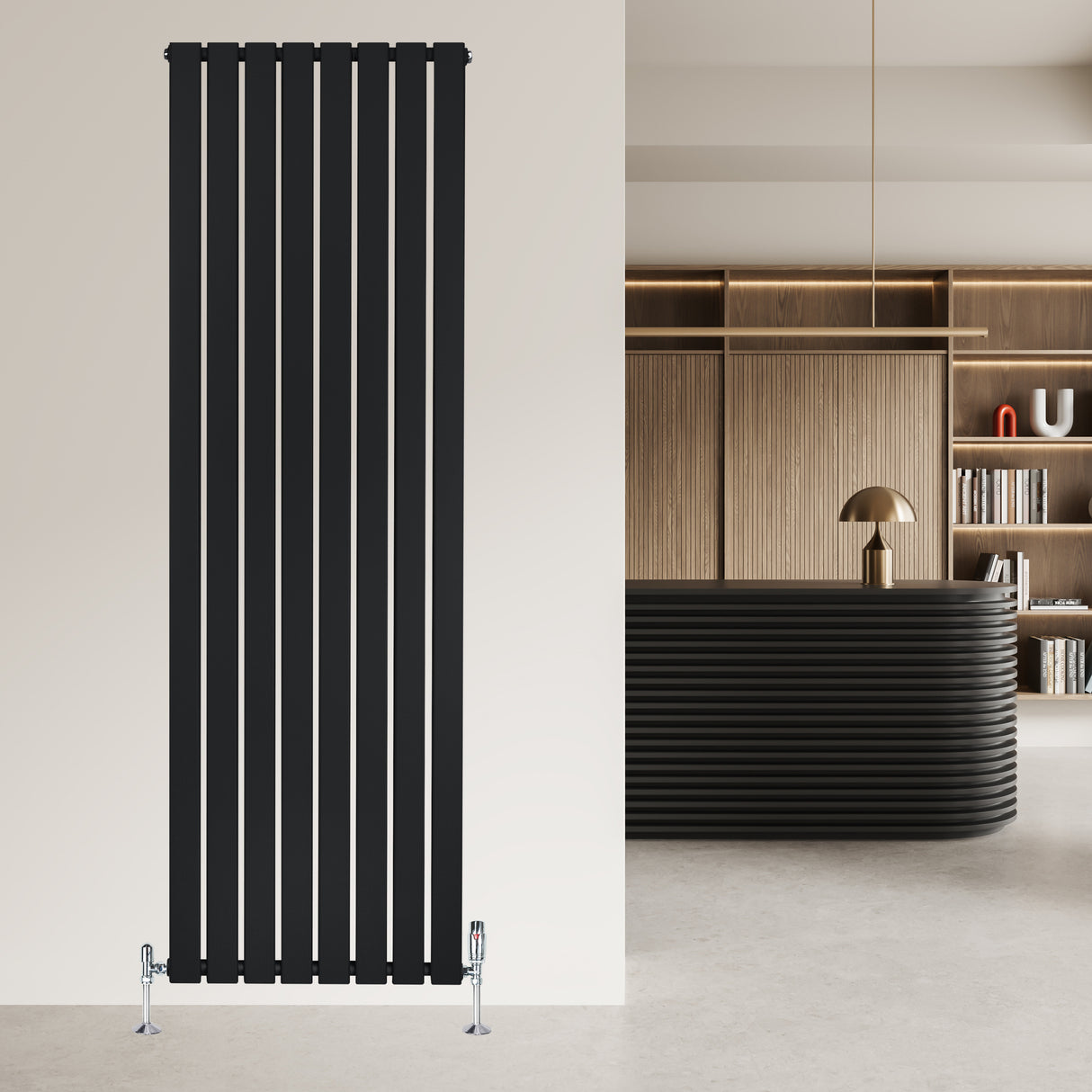 Zwarte designradiator met vlakke panelen, 1 kolom, 1800 x 560mm, inclusief haakse thermostaatkraan, modern en stijlvol