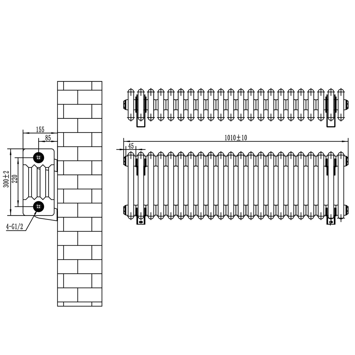 Traditionele 4-kolom radiator in antraciet grijs, afmetingen 300 x 1010 mm, met haakse thermostaatkraan en gedetailleerde tekening