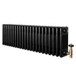 Traditionele zwarte 4-kolom radiator van 300 x 1010 mm met glanzende afwerking en haakse thermostaatkraan aan de rechterzijde