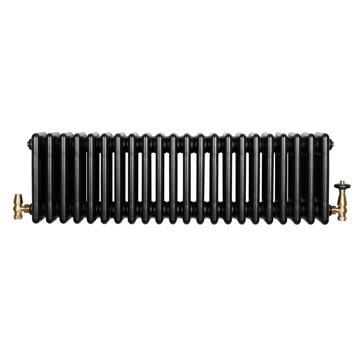 Traditionele zwarte 4-kolom radiator van 300 x 1010 mm met glanzende afwerking en haakse thermostaatkraan aan de zijkant