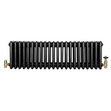 Traditionele zwarte 4-kolom radiator van 300 x 1010 mm met glanzende afwerking en haakse thermostaatkraan aan de zijkant