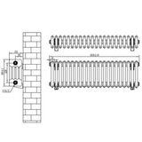 Traditionele zwarte 4-kolom radiator van 300 x 1010 mm met haakse thermostaatkraan, met gedetailleerde technische tekening