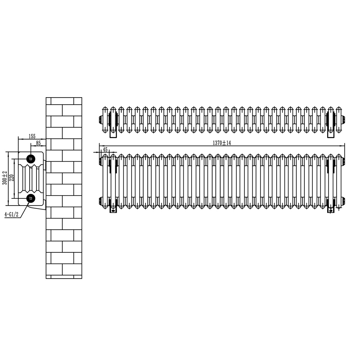 Traditionele witte 4-kolom radiator van 300 x 1370 mm met haakse thermostaatkraan, met een strakke en klassieke uitstraling