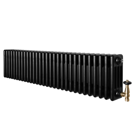 Zwarte traditionele 4-kolom radiator van 300 x 1370 mm met een glanzende afwerking en een haakse thermostaatkraan aan de zijkant