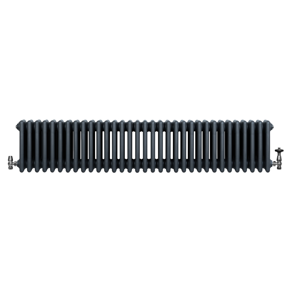 Traditionele 4-kolom radiator in antracietgrijs, 300 x 1505 mm, met haakse thermostaatkraan en een gladde, moderne afwerking