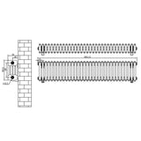 Traditionele witte 4-kolom radiator van 300 x 1505 mm met haakse thermostaatkraan, gedetailleerde technische tekening en afmetingen