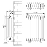 Traditionele witte 4-kolom radiator van 600 x 425 mm met haakse thermostaatkraan, verticaal en horizontaal weergegeven met afmetingen