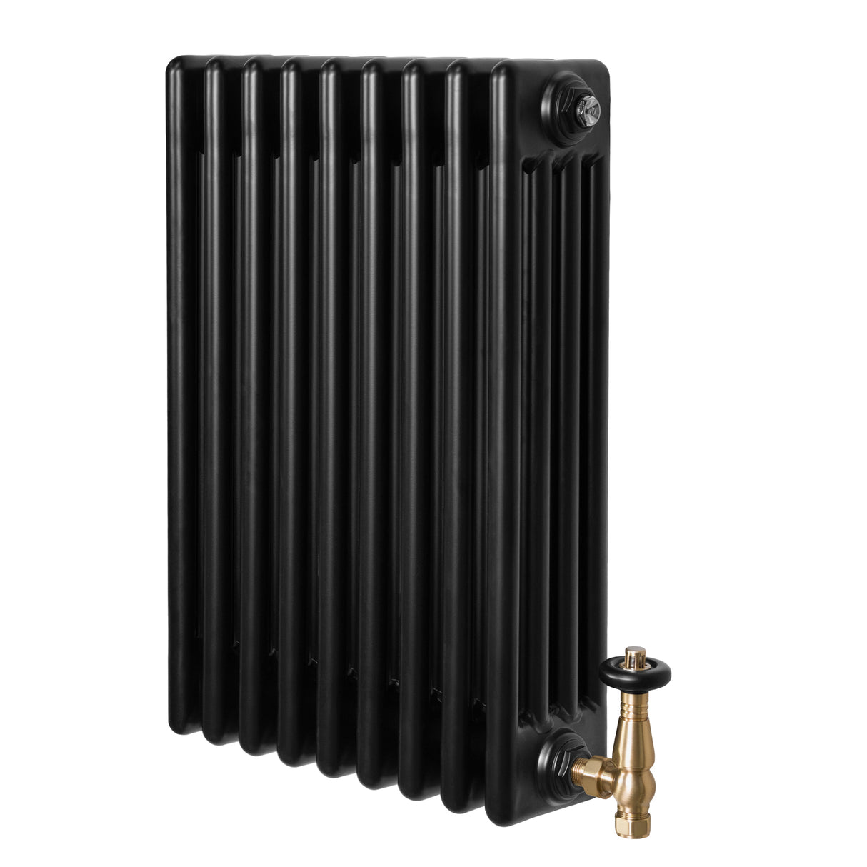Traditionele zwarte 4-kolom radiator van 600 x 425 mm met een glanzende afwerking en een haakse thermostaatkraan