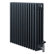 Traditionele antraciet grijze 4-kolom radiator van 600 x 605 mm met haakse thermostaatkraan en een strakke, moderne uitstraling