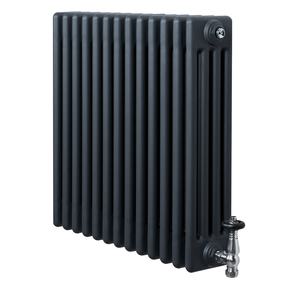 Traditionele antraciet grijze 4-kolom radiator van 600 x 605 mm met haakse thermostaatkraan en een strakke, moderne uitstraling