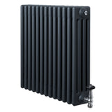 Traditionele antraciet grijze 4-kolom radiator van 600 x 605 mm met haakse thermostaatkraan en een strakke, moderne uitstraling