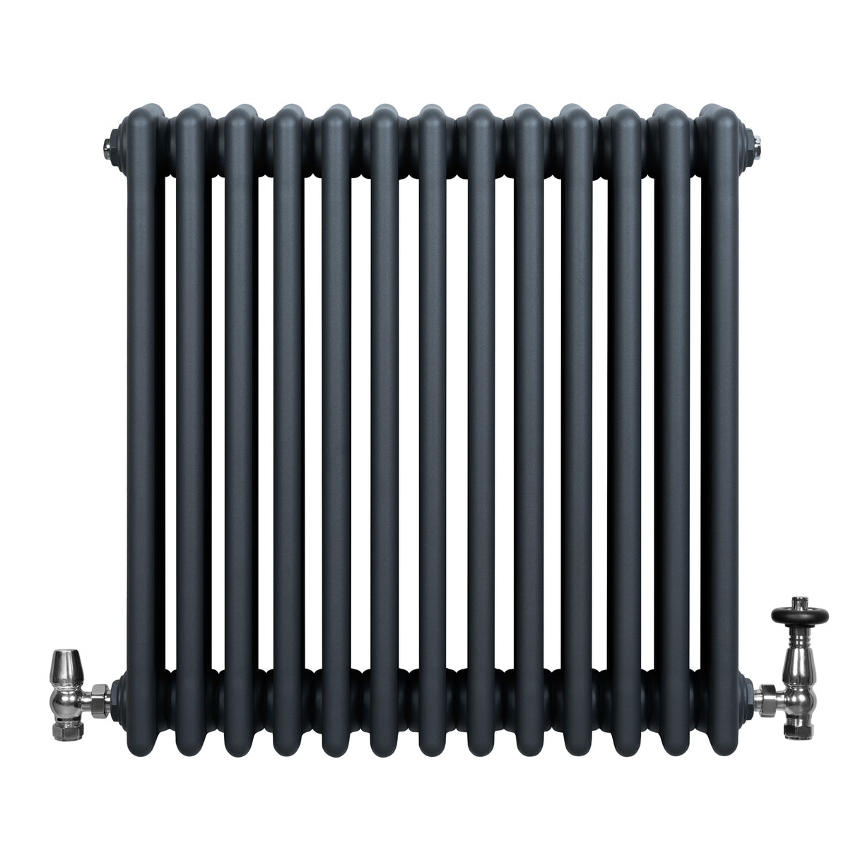 Traditionele antraciet grijze 4-kolom radiator met haakse thermostaatkraan, strak en modern ontwerp, perfect voor elke ruimte
