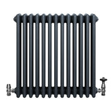Traditionele antraciet grijze 4-kolom radiator met haakse thermostaatkraan, strak en modern ontwerp, perfect voor elke ruimte
