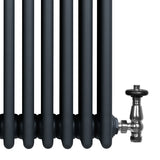 Traditionele antraciet grijze 4-kolom radiator met glanzende haakse thermostaatkraan, strak en modern ontwerp, geschikt voor elke ruimte