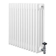 Traditionele witte 4-kolom radiator van 600 x 605 mm met glanzende afwerking en haakse thermostaatkraan aan de onderkant