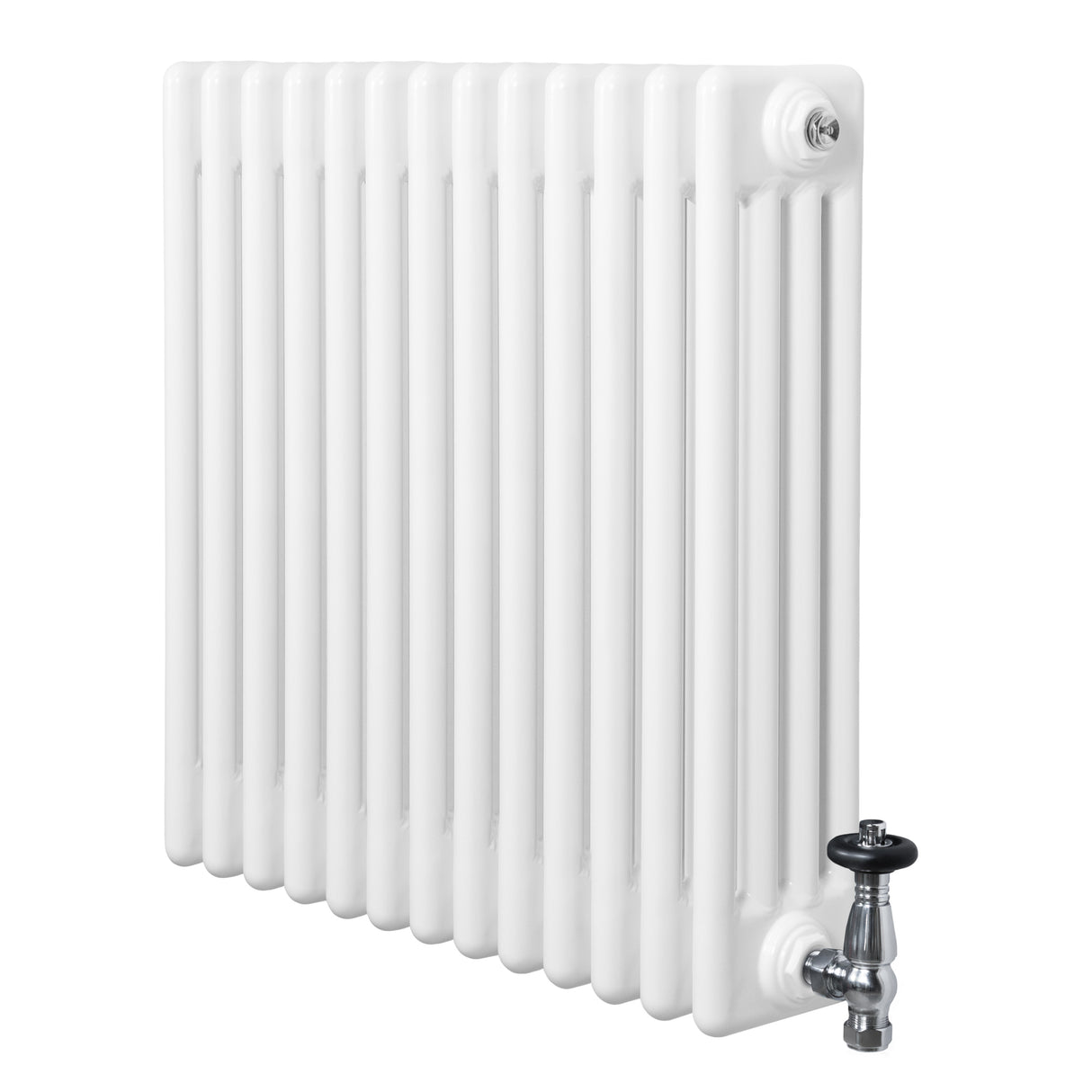 Traditionele witte 4-kolom radiator van 600 x 605 mm met glanzende afwerking en haakse thermostaatkraan aan de onderkant