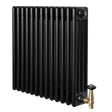 Traditionele zwarte 4-kolom radiator van 600 x 605 mm met een glanzende afwerking en een haakse thermostaatkraan aan de onderzijde