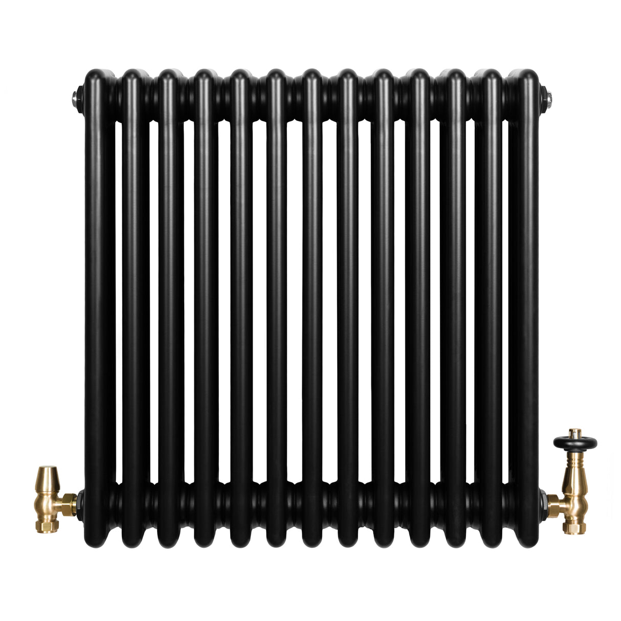 Traditionele zwarte 4-kolom radiator van 600 x 605 mm met glanzende gouden haakse thermostaatkraan en een ribbelige textuur