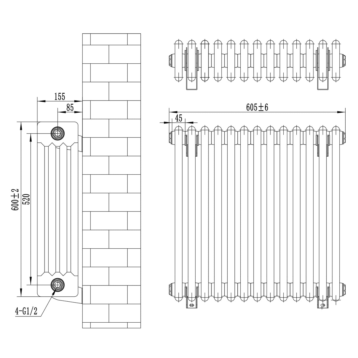 Traditionele zwarte 4-kolom radiator van 600 x 605 mm met haakse thermostaatkraan, met duidelijke afmetingen en details