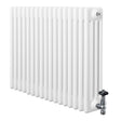 Traditionele witte 4-kolom radiator van 600 x 785 mm met glanzende haakse thermostaatkraan aan de rechterzijde