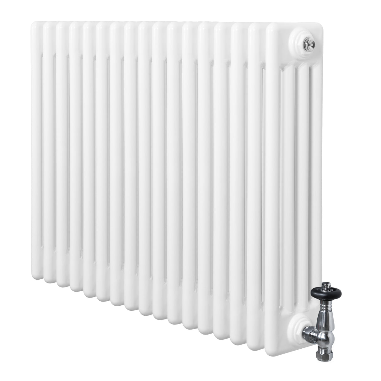 Traditionele witte 4-kolom radiator van 600 x 785 mm met glanzende haakse thermostaatkraan aan de rechterzijde