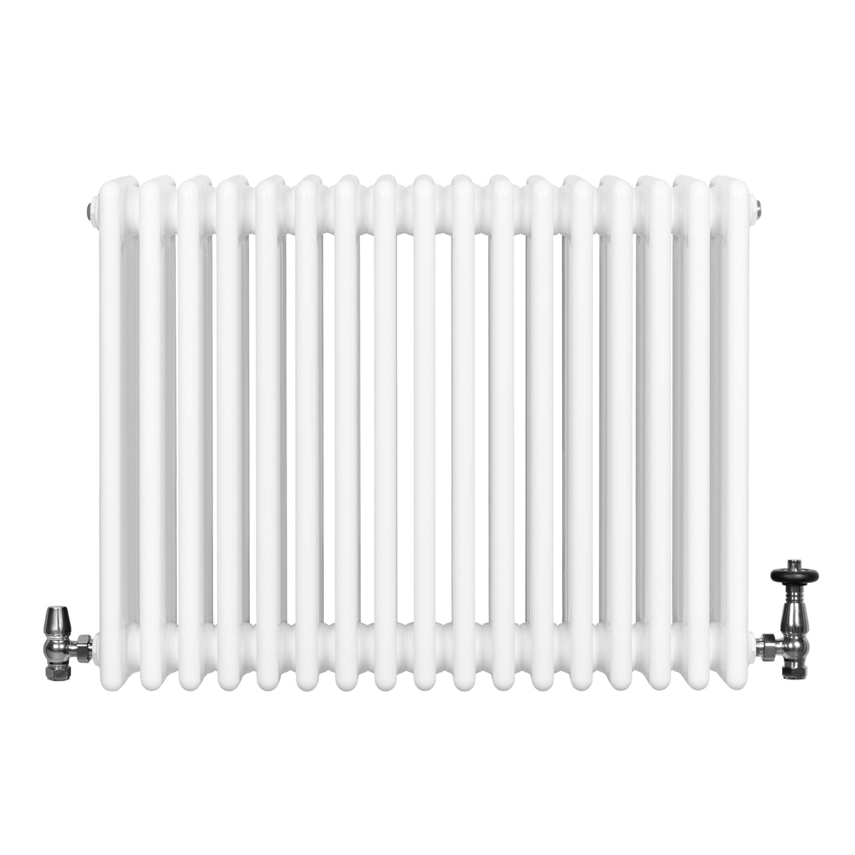 Traditionele witte 4-kolom radiator van 600 x 785 mm met glanzende afwerking en haakse thermostaatkraan aan de zijkant