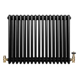 Traditionele zwarte 4-kolom radiator van 600 x 785 mm met glanzende afwerking en haakse thermostaatkraan aan de rechterzijde