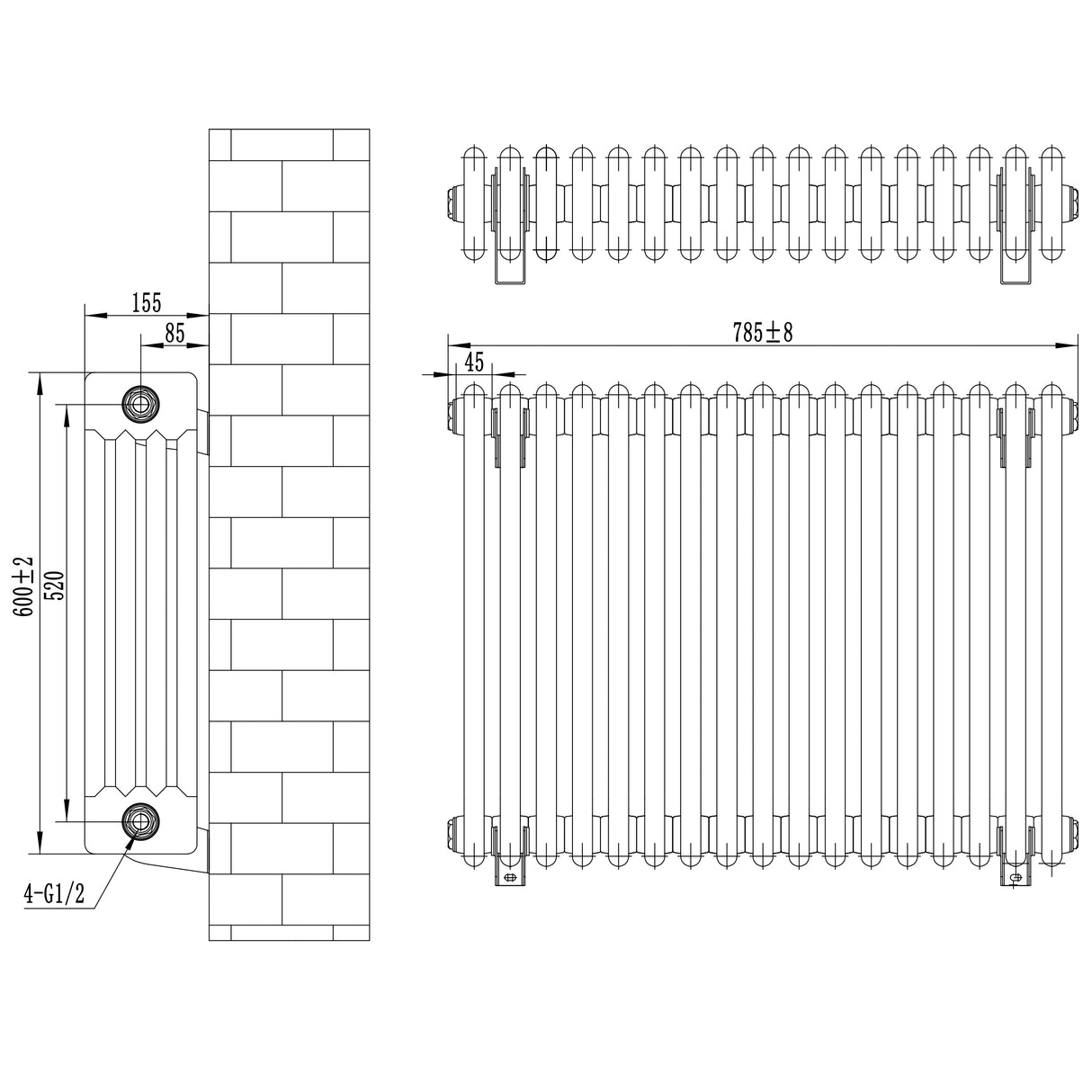 Traditionele zwarte 4-kolom radiator van 600 x 785 mm met haakse thermostaatkraan, met duidelijke afmetingen en details
