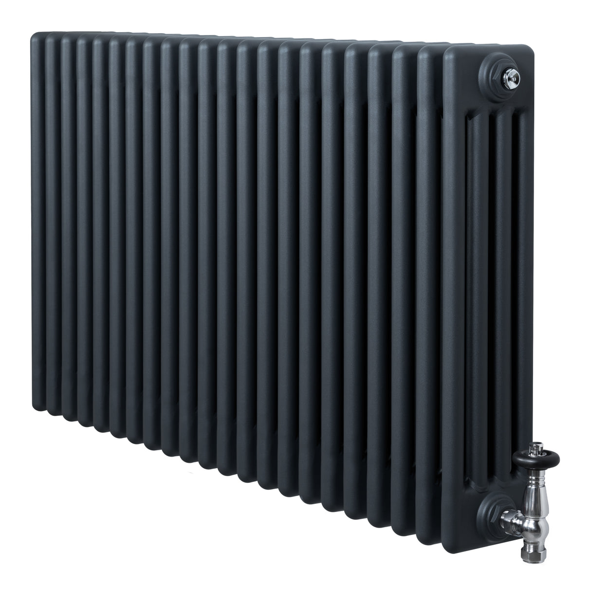 Traditionele 4-kolom radiator in antraciet grijs, met een strakke, verticale structuur en een haakse thermostaatkraan aan de zijkant